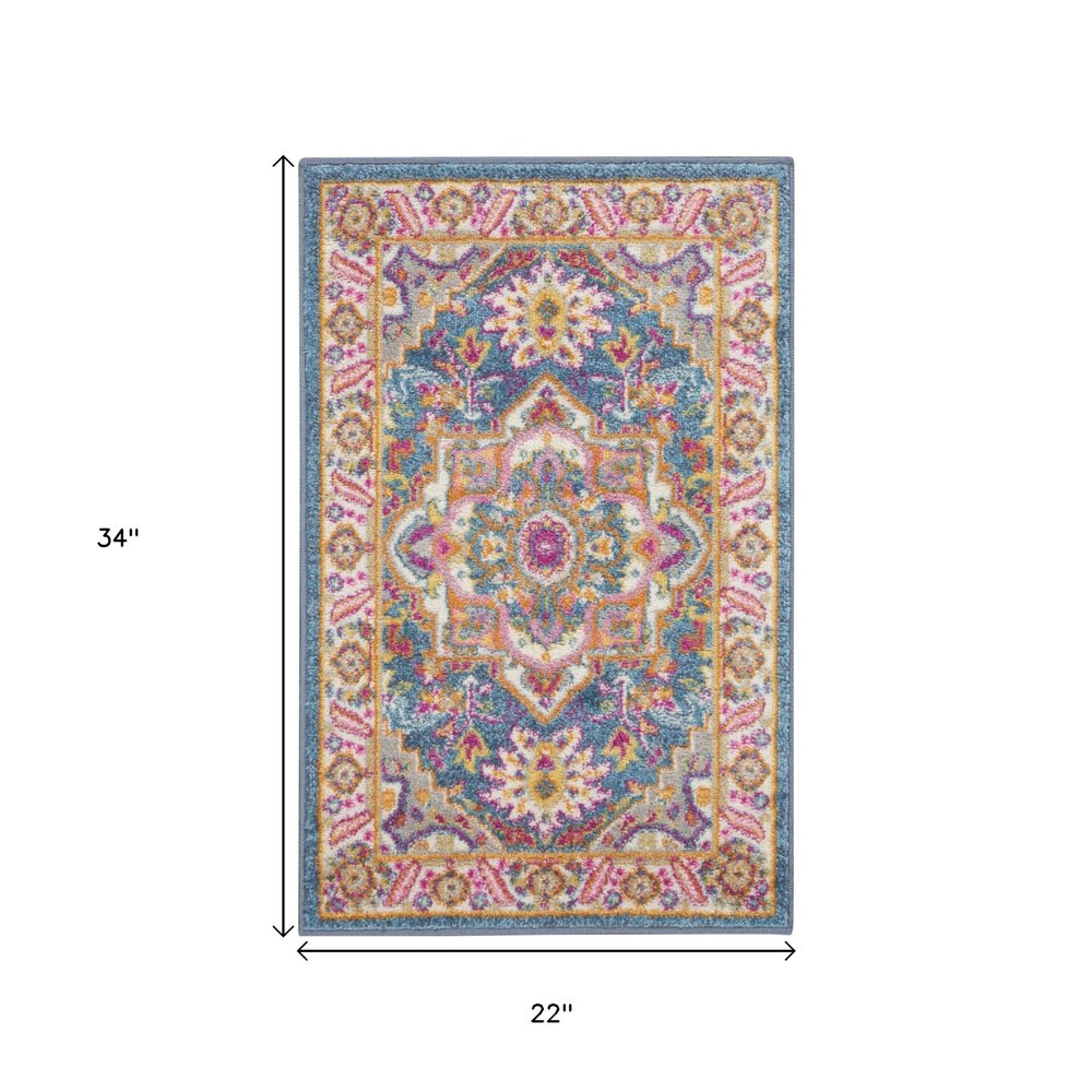 8' Teal And Ivory Medallion Distressed Runner Rug