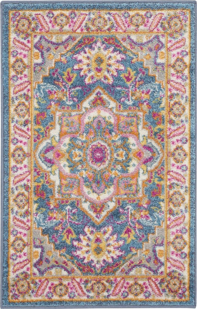 6' Teal And Ivory Medallion Distressed Runner Rug