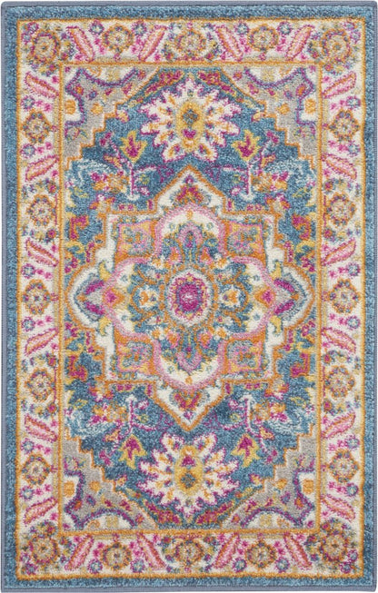 8' Teal And Ivory Medallion Distressed Runner Rug