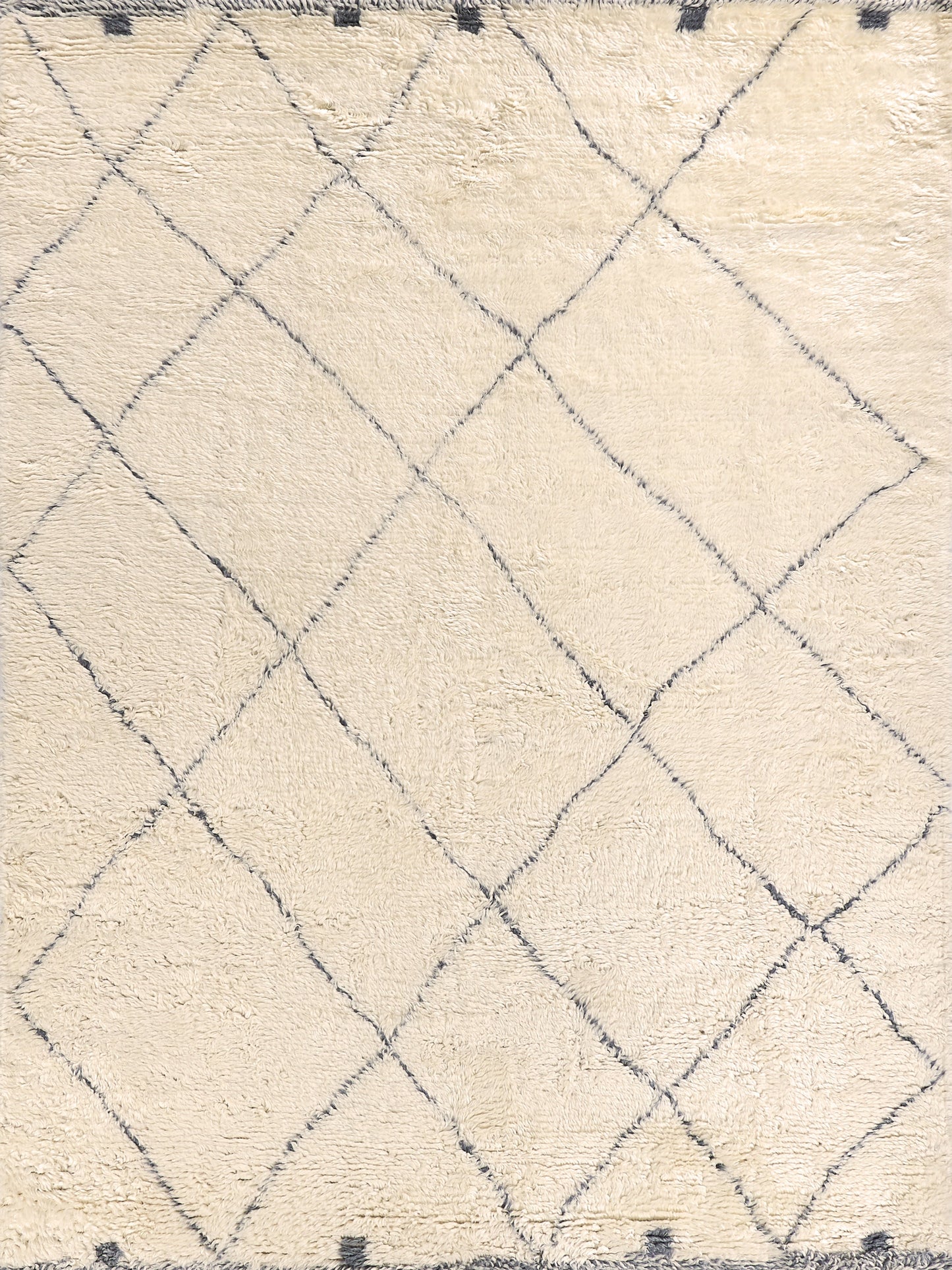 Cream Moroccan indoor hand-knotted rug with blue-gray diamond lattice pattern; plush pile, geometric living-room rug, 6' x 9'.