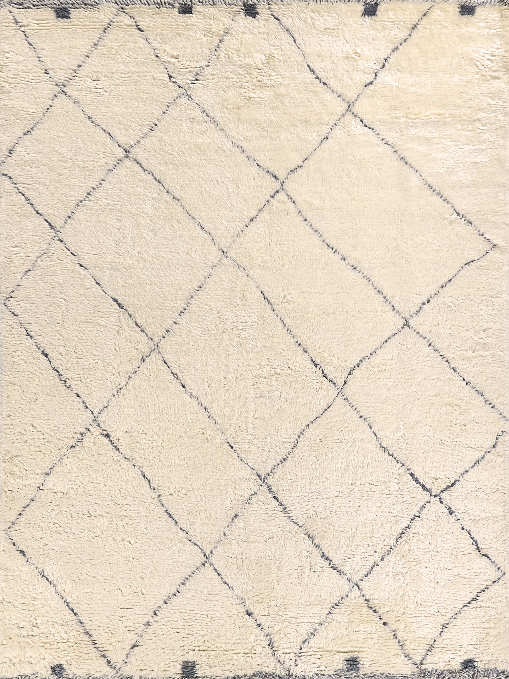 Cream Moroccan indoor hand-knotted rug with blue-gray diamond lattice pattern; plush pile, geometric living-room rug, 6' x 9'.