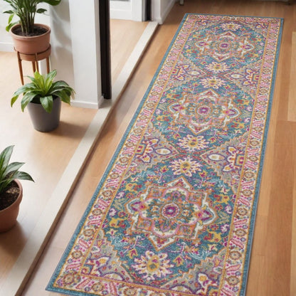8' Teal And Ivory Medallion Distressed Runner Rug