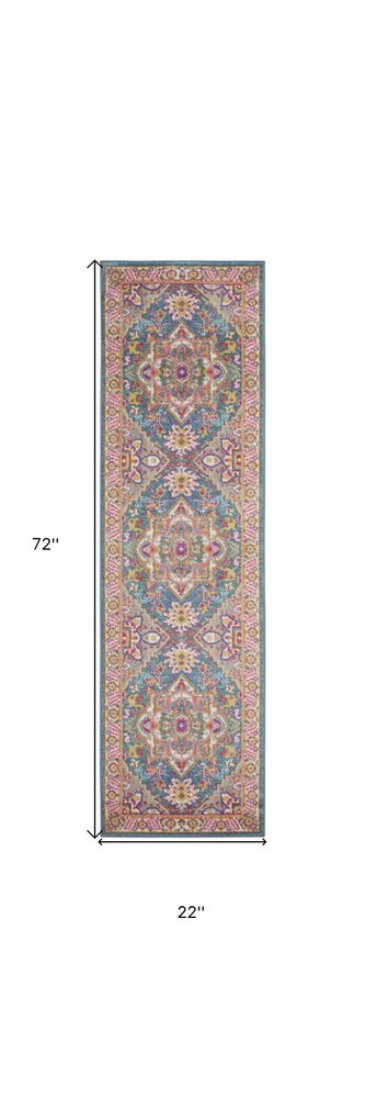 6' Teal And Ivory Medallion Distressed Runner Rug