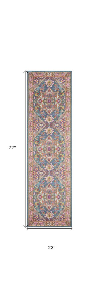 8' Teal And Ivory Medallion Distressed Runner Rug