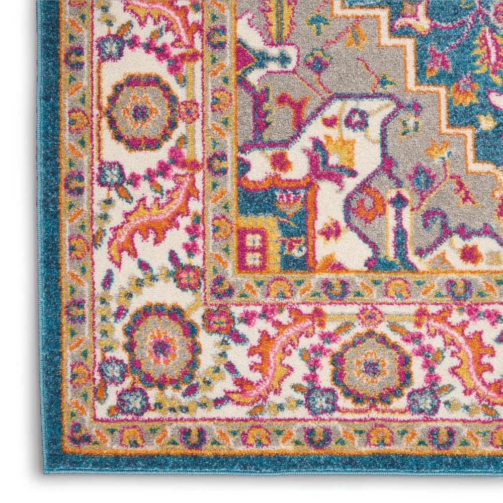7' X 10' Teal And Ivory Medallion Distressed Area Rug