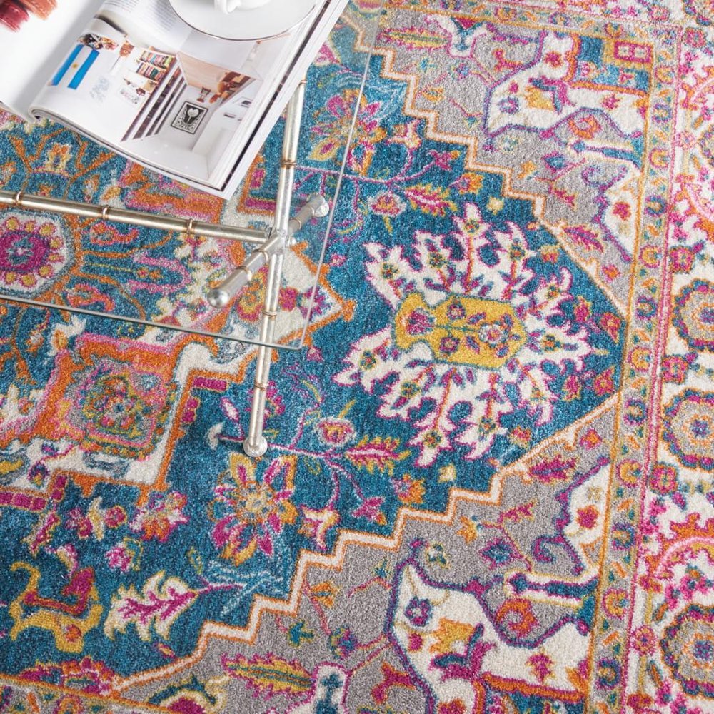 7' X 10' Teal And Ivory Medallion Distressed Area Rug