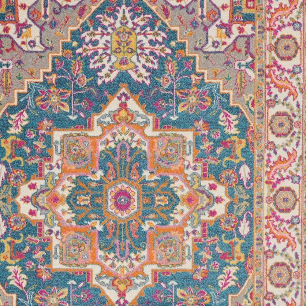 7' X 10' Teal And Ivory Medallion Distressed Area Rug