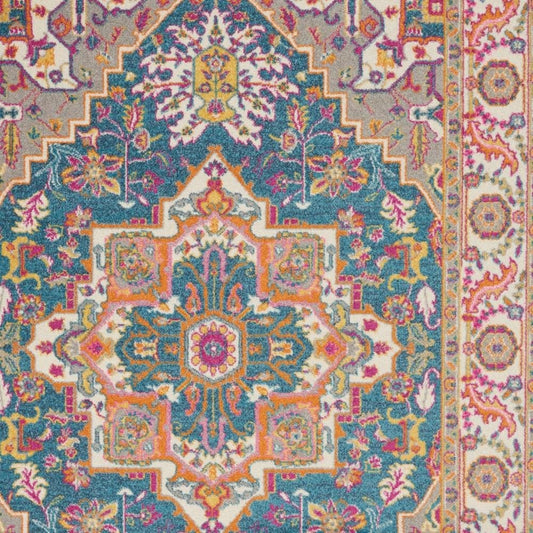 8' X 10' Teal And Ivory Medallion Distressed Area Rug