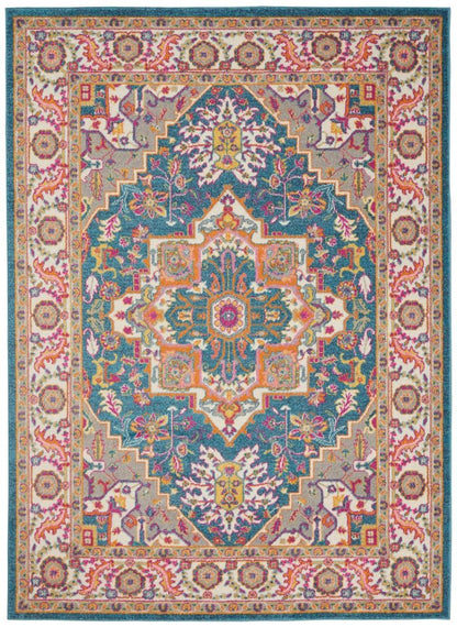8' X 10' Teal And Ivory Medallion Distressed Area Rug