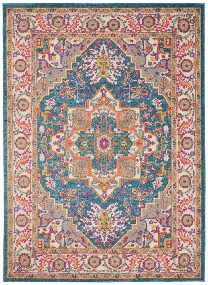 5' X 7' Teal And Ivory Medallion Distressed Area Rug