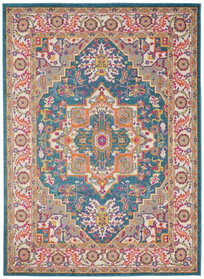 5' X 7' Teal And Ivory Medallion Distressed Area Rug