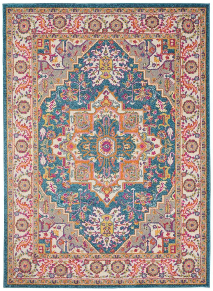 7' X 10' Teal And Ivory Medallion Distressed Area Rug