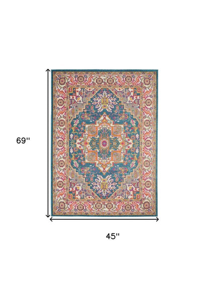 5' X 7' Teal And Ivory Medallion Distressed Area Rug