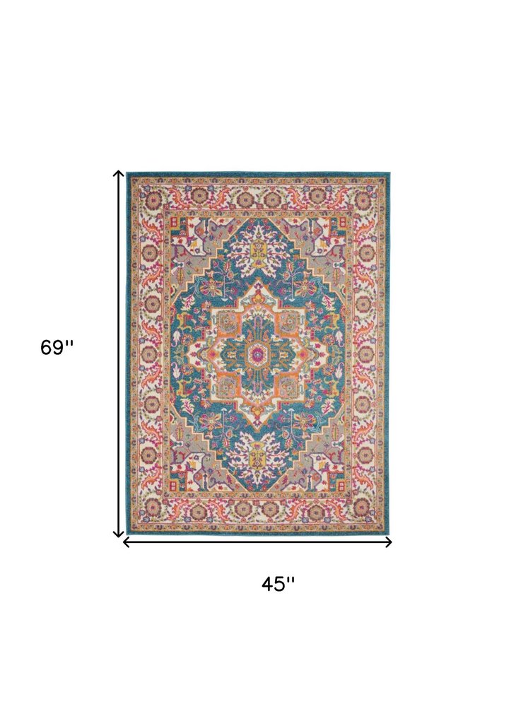 7' X 10' Teal And Ivory Medallion Distressed Area Rug