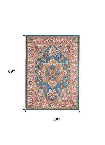 5' X 7' Teal And Ivory Medallion Distressed Area Rug