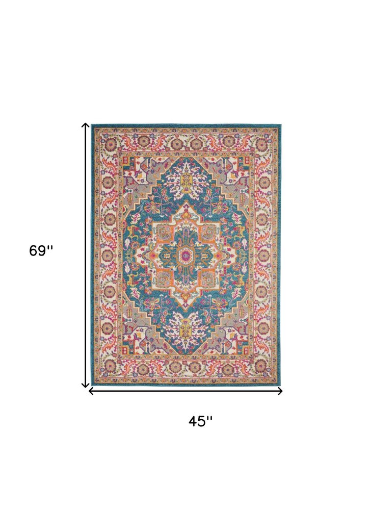 5' X 7' Teal And Ivory Medallion Distressed Area Rug