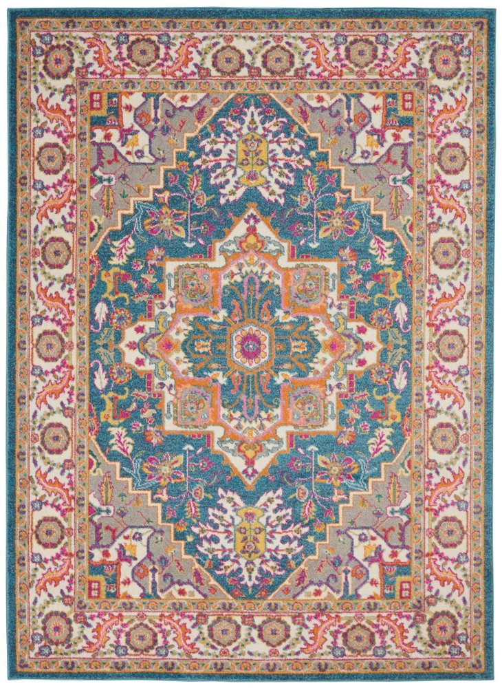 7' X 10' Teal And Ivory Medallion Distressed Area Rug