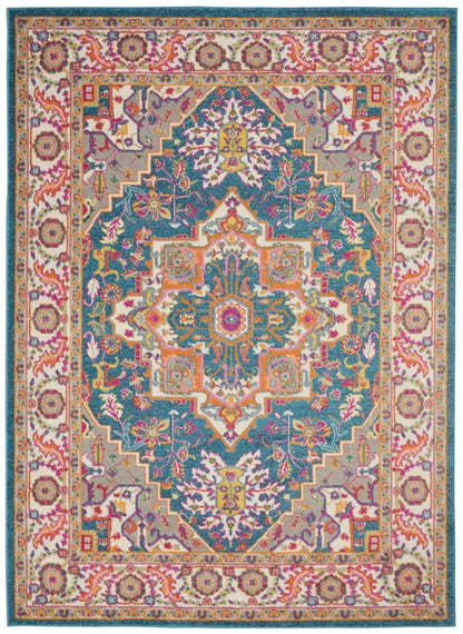 8' X 10' Teal And Ivory Medallion Distressed Area Rug