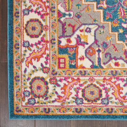7' X 10' Teal And Ivory Medallion Distressed Area Rug