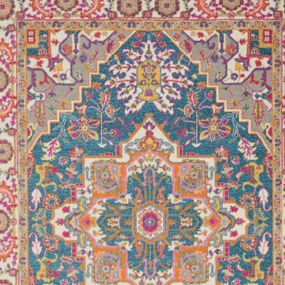 5' X 7' Teal And Ivory Medallion Distressed Area Rug