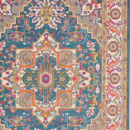 7' X 10' Teal And Ivory Medallion Distressed Area Rug