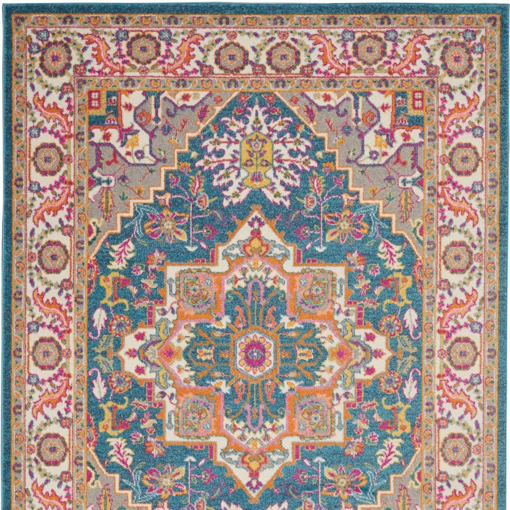 5' X 7' Teal And Ivory Medallion Distressed Area Rug