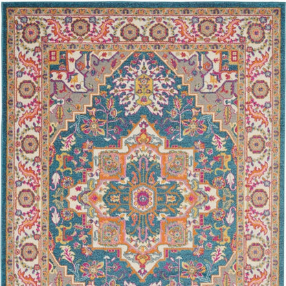 5' X 7' Teal And Ivory Medallion Distressed Area Rug