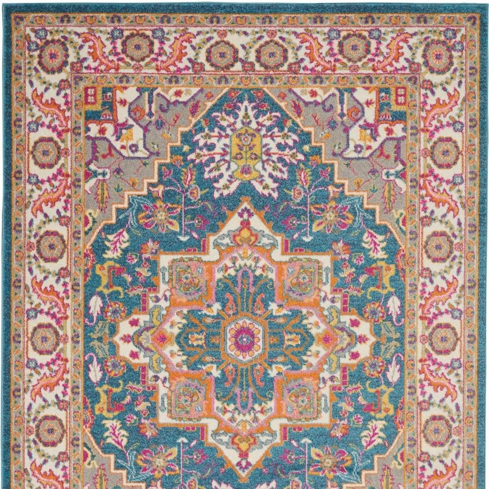 8' X 10' Teal And Ivory Medallion Distressed Area Rug