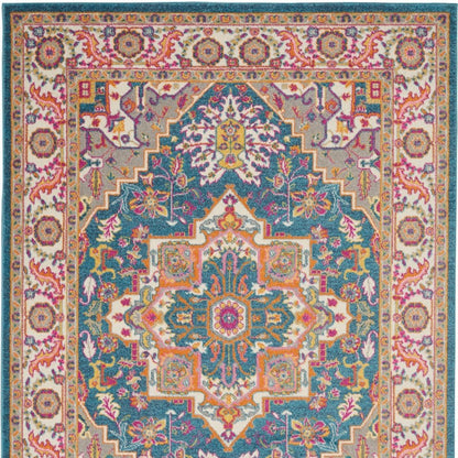 5' X 7' Teal And Ivory Medallion Distressed Area Rug