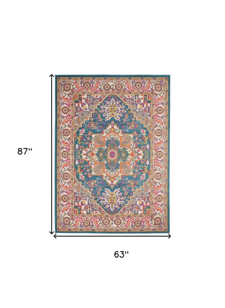 7' X 10' Teal And Ivory Medallion Distressed Area Rug