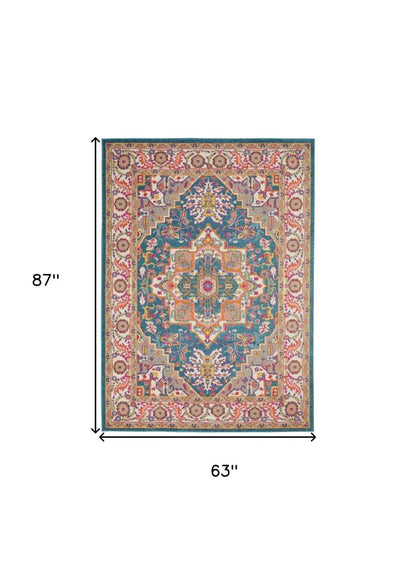 7' X 10' Teal And Ivory Medallion Distressed Area Rug