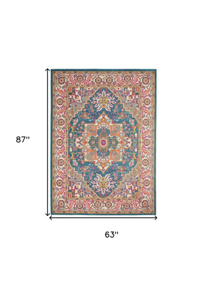 8' X 10' Teal And Ivory Medallion Distressed Area Rug