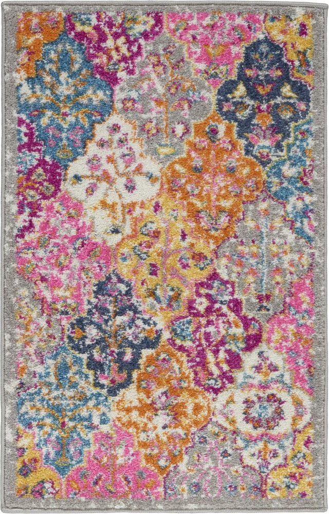 7' X 10' Gray Blue And Orange Quatrefoil Distressed Area Rug