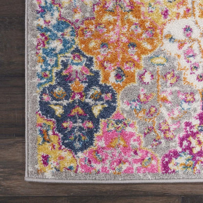 7' X 10' Gray Blue And Orange Quatrefoil Distressed Area Rug