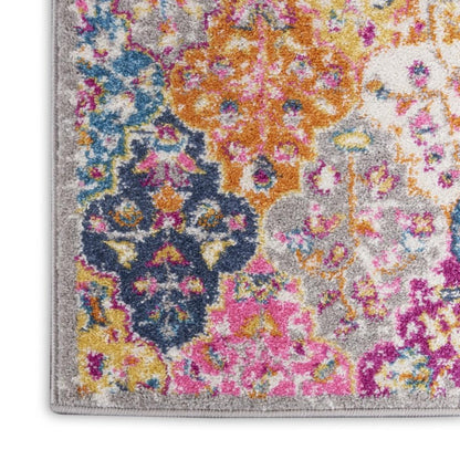 7' X 10' Gray Blue And Orange Quatrefoil Distressed Area Rug