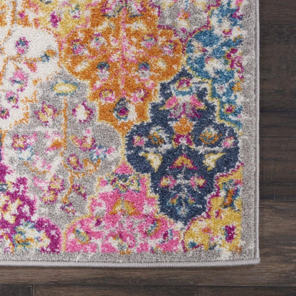 7' X 10' Gray Blue And Orange Quatrefoil Distressed Area Rug
