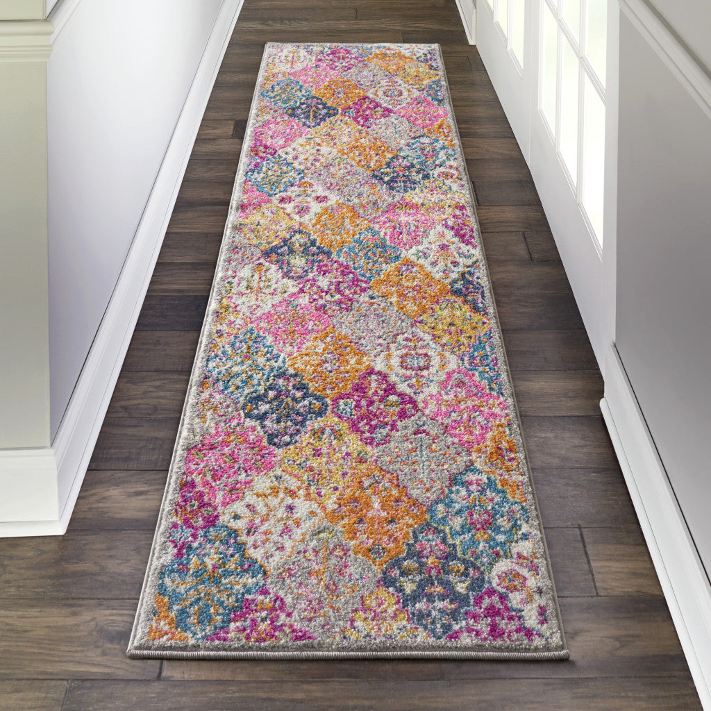 8' Pink And Gray Geometric Dhurrie Runner Rug