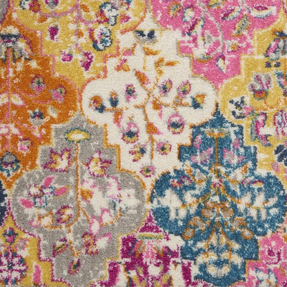 7' X 10' Gray Blue And Orange Quatrefoil Distressed Area Rug