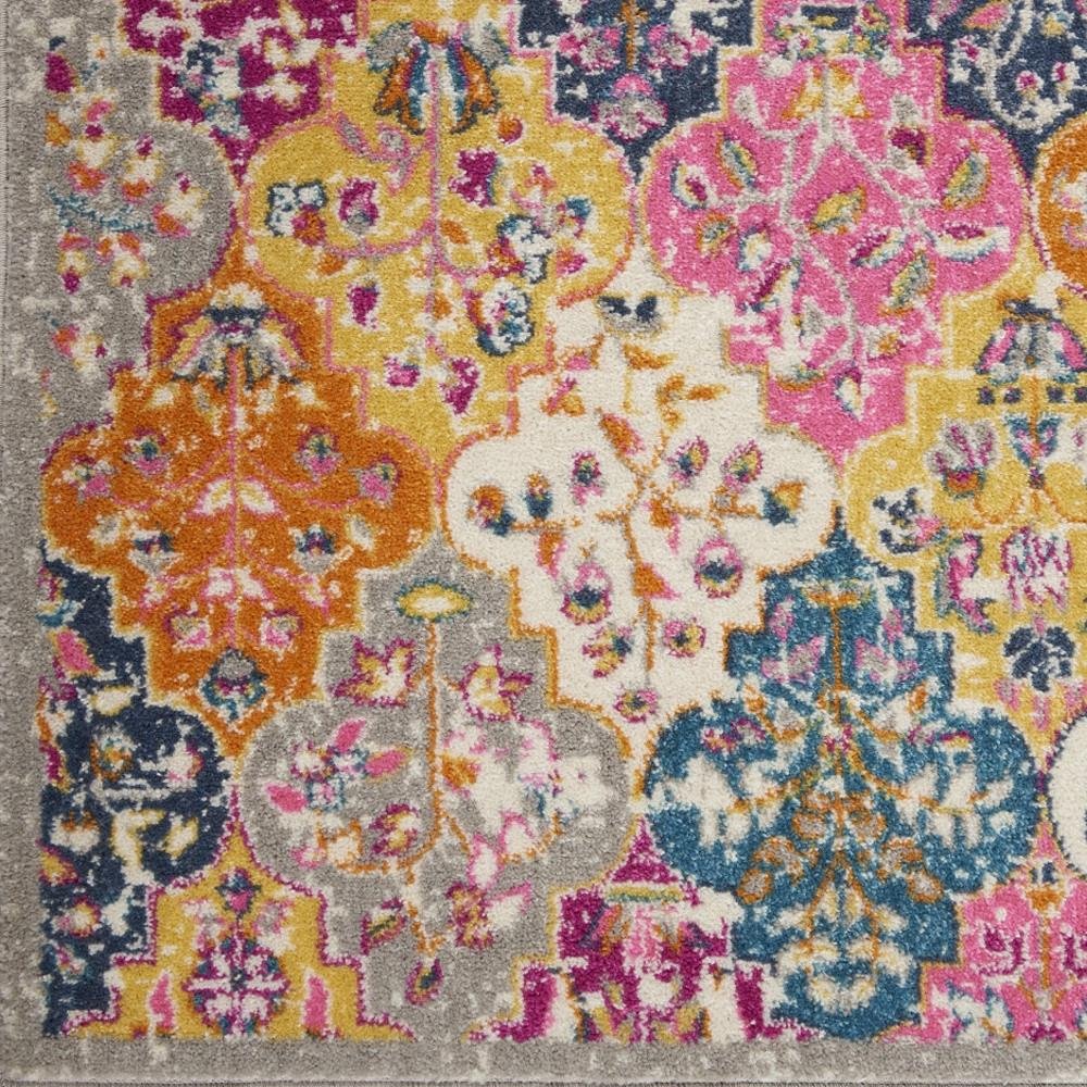 7' X 10' Gray Blue And Orange Quatrefoil Distressed Area Rug