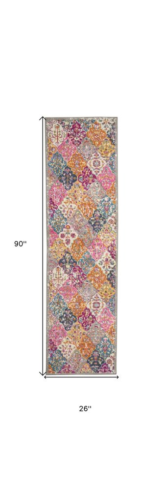 7' X 10' Gray Blue And Orange Quatrefoil Distressed Area Rug