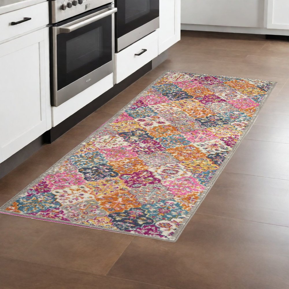 5' X 7' Gray Blue And Orange Quatrefoil Distressed Area Rug
