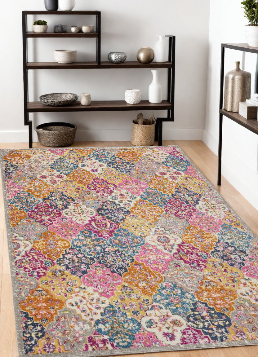 5' X 7' Pink And Gray Geometric Dhurrie Area Rug