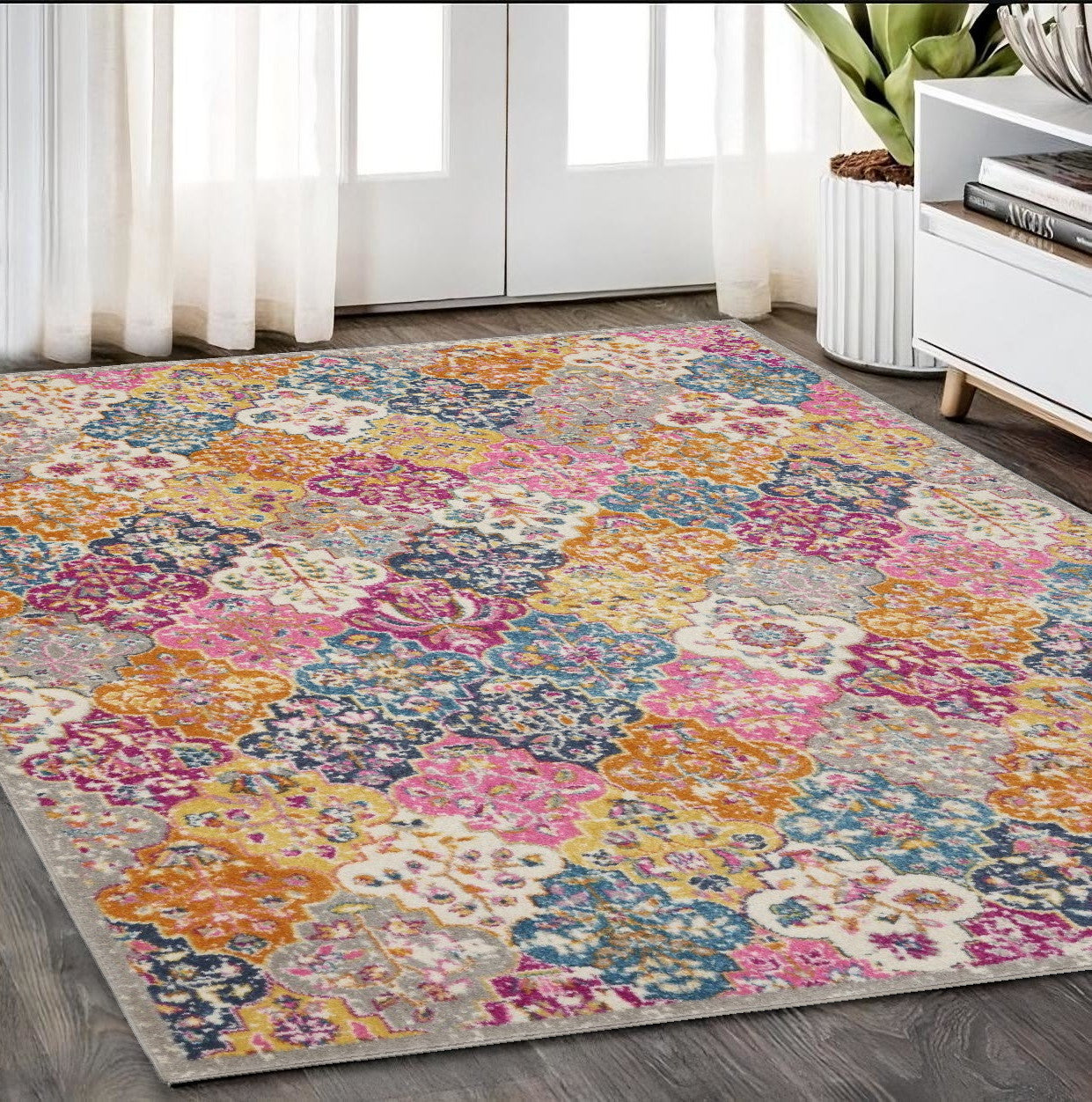 5' X 7' Pink And Gray Geometric Dhurrie Area Rug