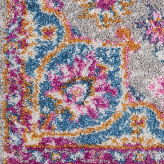 8' Gray And Ivory Medallion Runner Rug