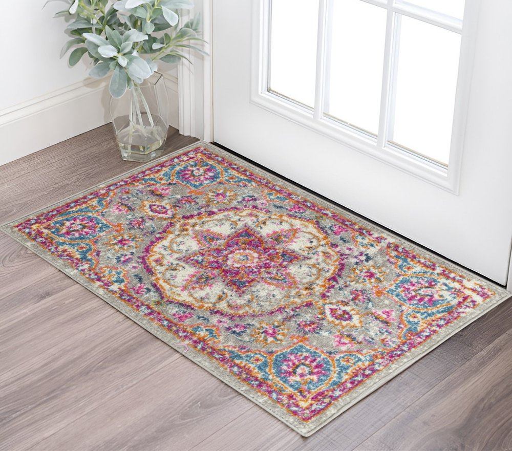 8' Gray And Ivory Medallion Runner Rug