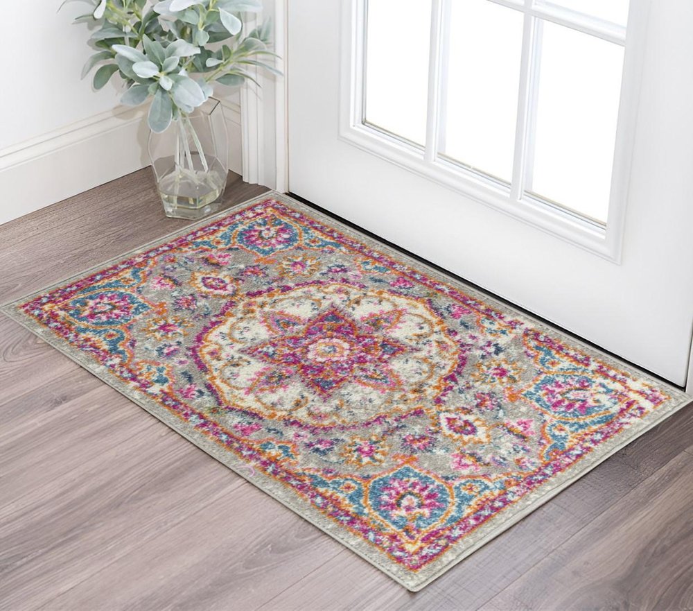 6' Gray And Ivory Medallion Runner Rug