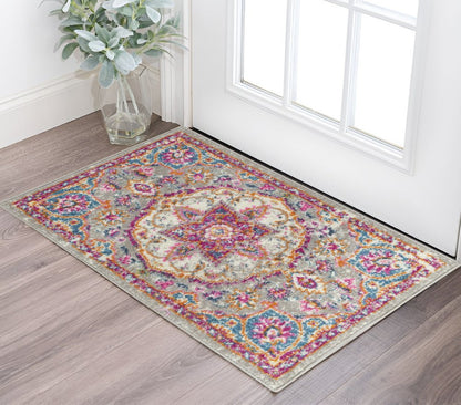 8' Gray And Ivory Medallion Runner Rug