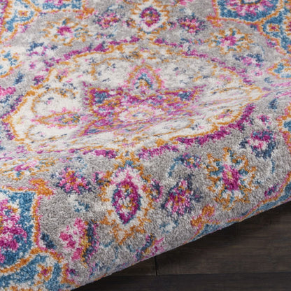 8' Gray And Ivory Medallion Runner Rug