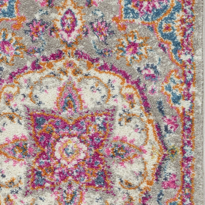 8' Gray And Ivory Medallion Runner Rug