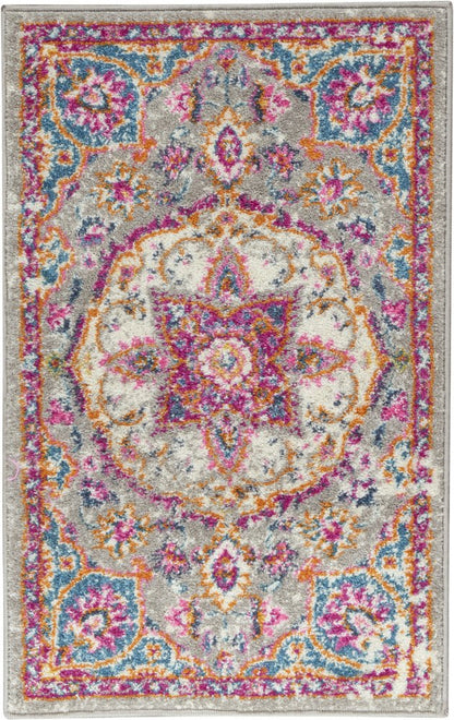 8' Gray And Ivory Medallion Runner Rug